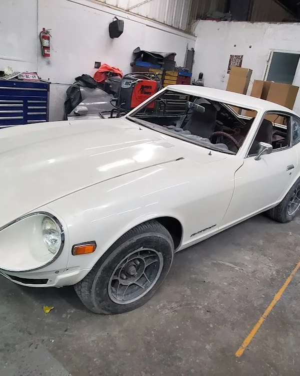 Classic Datsun 240Z restoration project in the SV Collisions shop